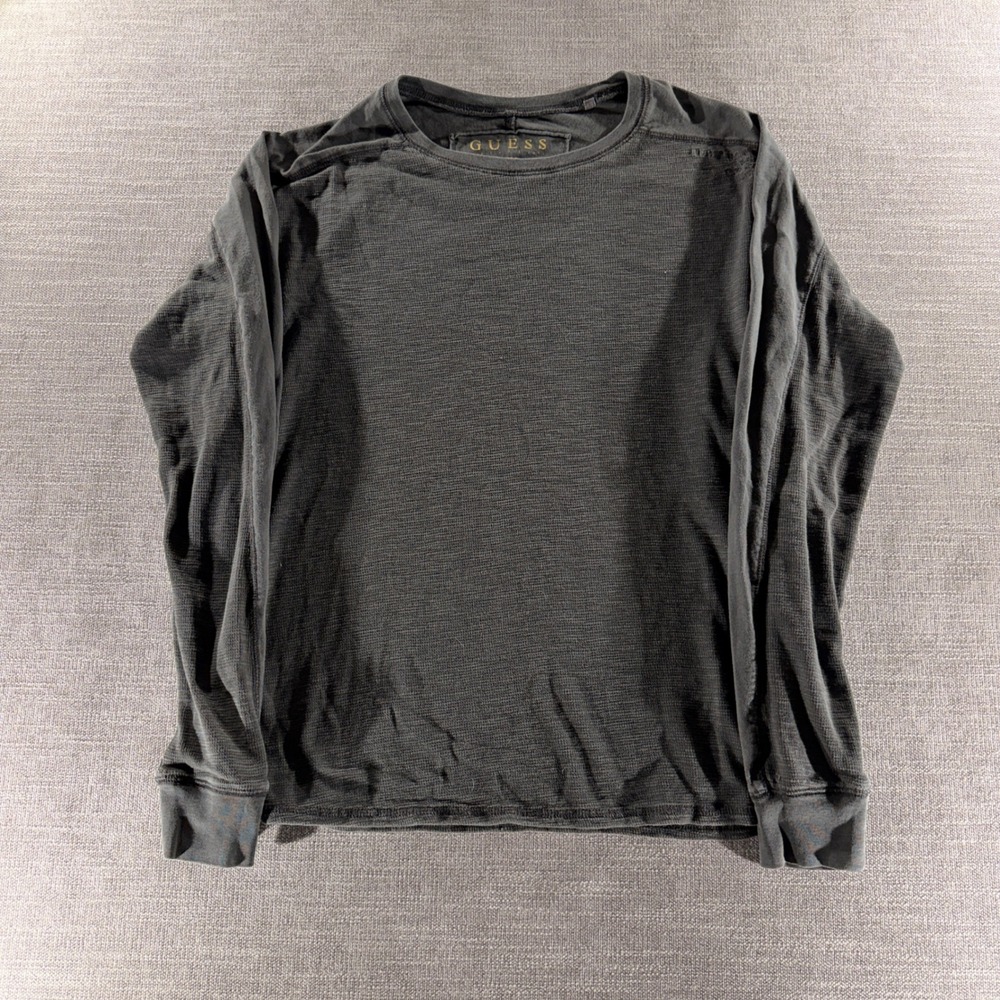 GUESS Thermal Shirt Mens XXL Black Good Distressed Waffle Knit Long Sleeve